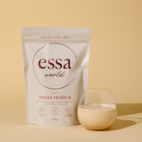 The Essa World Vanilla Vegan Protein Powder poured in a glass.