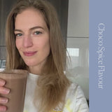 Vanessa Axente enjoying her Essa World vegan protein smoothie in the choco-spice flavour.