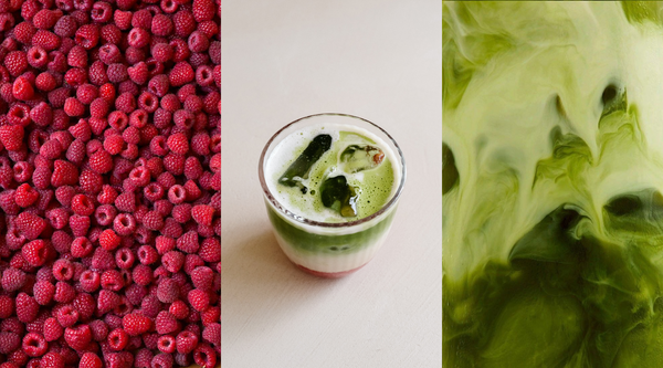 A collage of three picture: raspberries, Essa World raspberry collagen matcha, and a matcha cloud. 