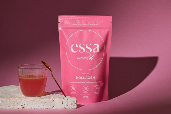 Essa World hidrolizált kollagén és mellette kiöntve a kollagén ital