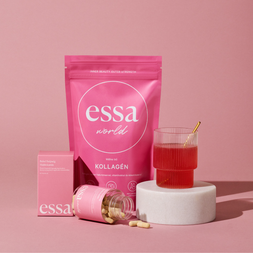 Super Beauty Bundle products – collagen and beauty vitamin in a lively setting.